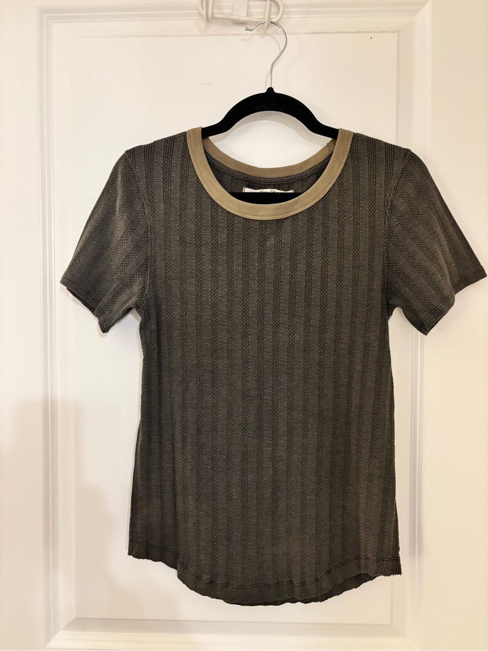 Free People Olive Short Sleeve Crewneck Tee with Tan Trim